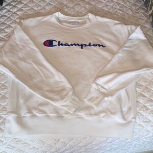 Champion Men's White Crewneck Sweater with Blue Logo